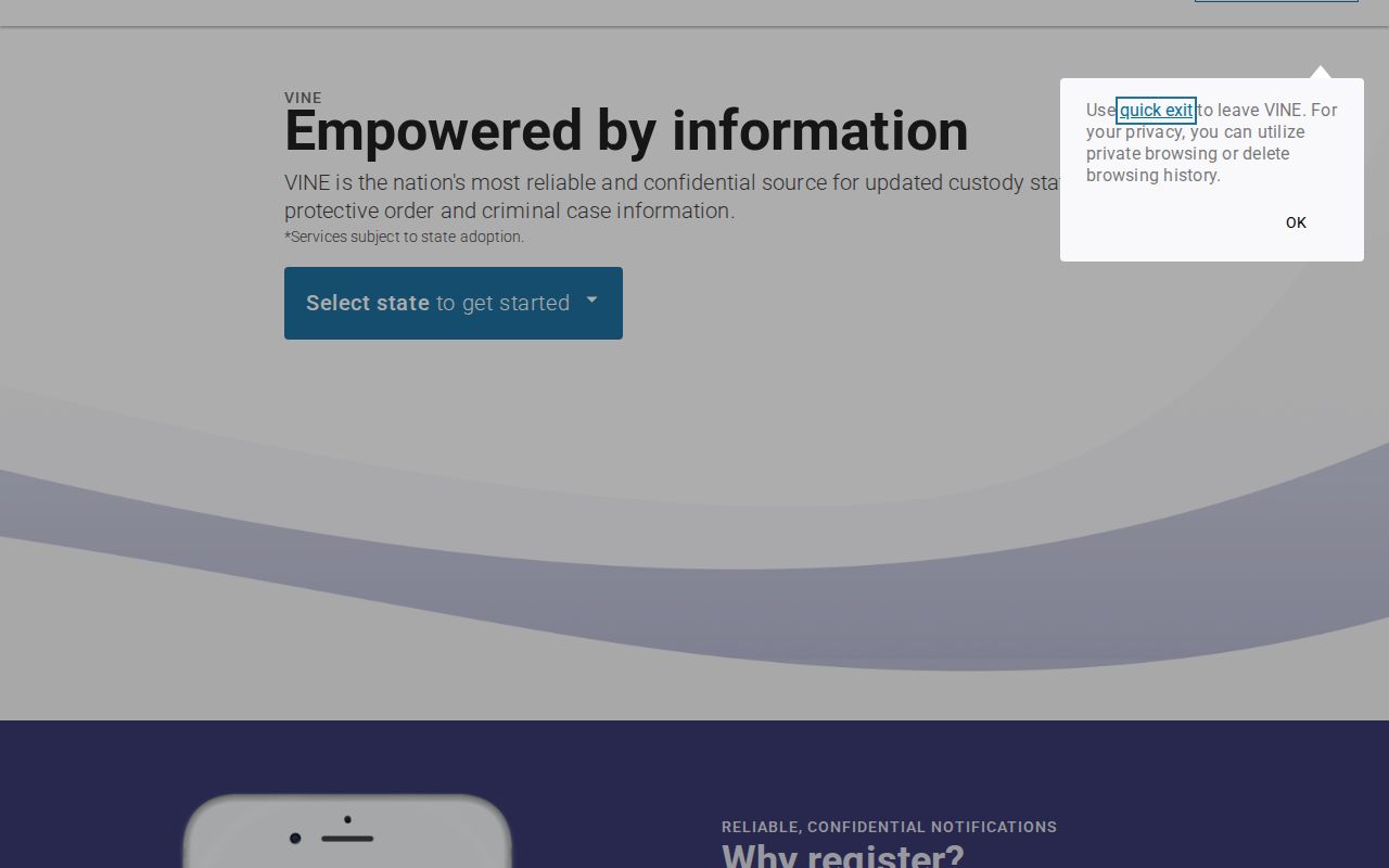 VINELink state selection screen for custody searches