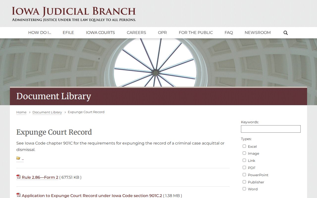 Iowa Judicial Branch official expungement forms index