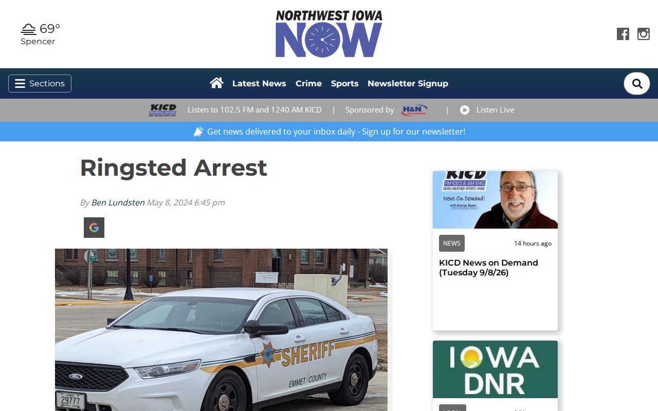 Northwest Iowa Now regional report concerning a Ringsted arrest