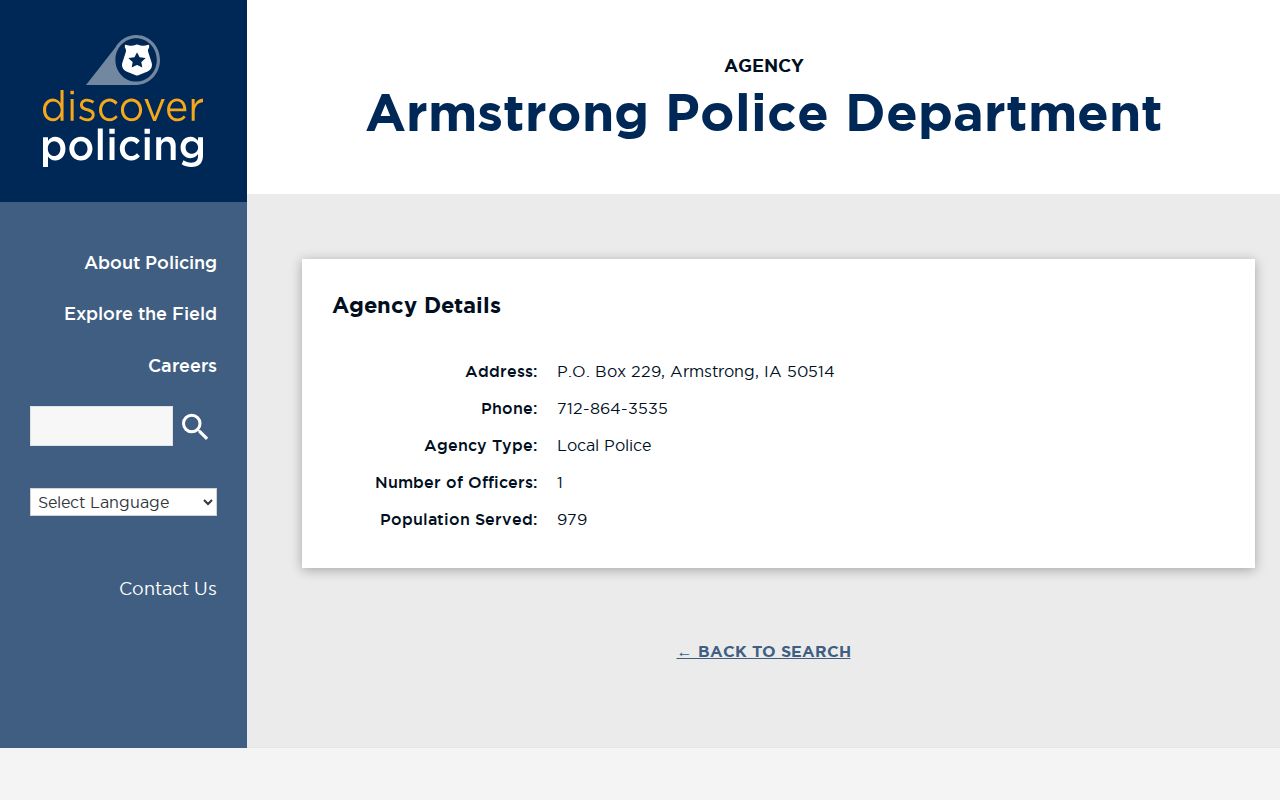 Discover Policing listing for Armstrong Police Department contact details